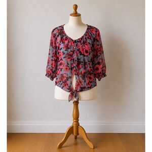 Love Fire Floral Tie Front Blouse Small Purple Pink Cottagecore Boho Top